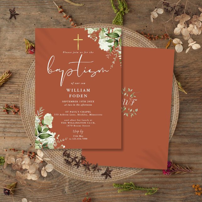 Terracotta Greenery Floral Monogram Baptism Invitation (Terracotta Greenery Floral Monogram Baptism Invitation)