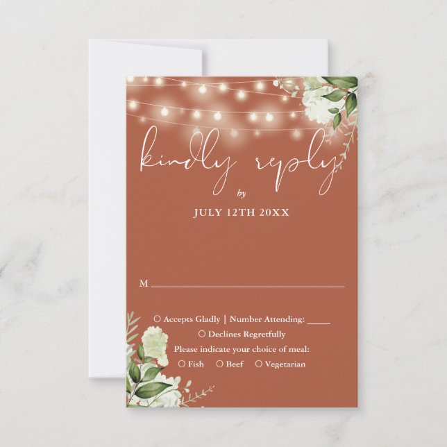 Terracotta Greenery Floral String Lights Wedding RSVP Card (Front)