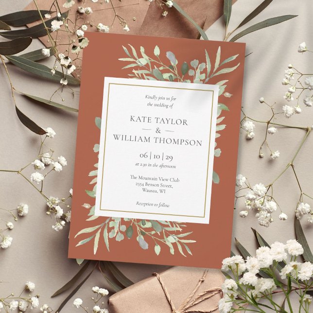 Terracotta Greenery Foliage Gold Wedding Invitation (Terracotta Greenery Foliage Gold Wedding Invitation)