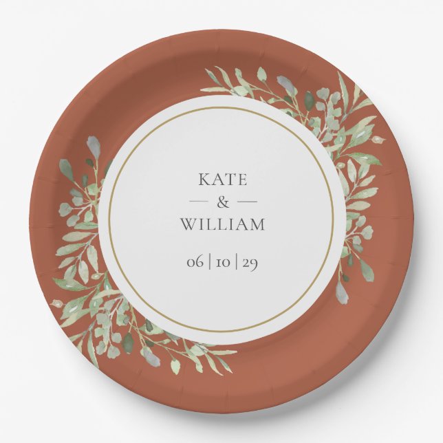 Terracotta Greenery Foliage Wedding Paper Plate (Front)