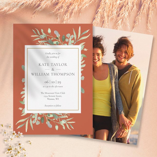Terracotta Greenery Gold Photo Wedding Invitation (Creator Uploaded)