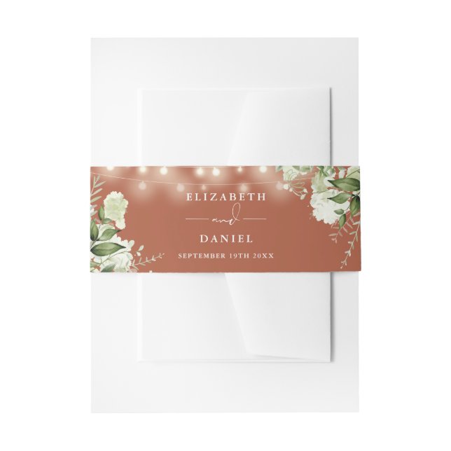Terracotta Greenery String Lights Wedding Invitation Belly Band (Front Example)