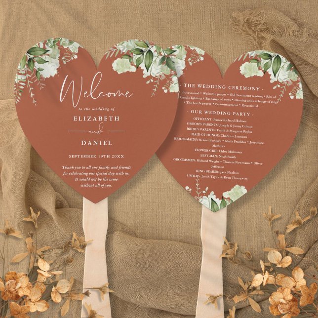 Terracotta Greenery Wedding Program Heart Hand Fan (Terracotta Greenery Wedding Program Heart Hand Fan)