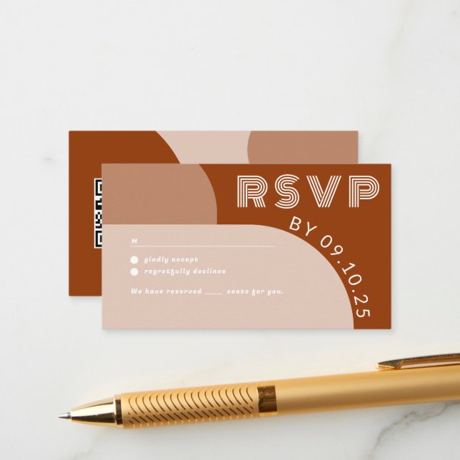 Terracotta Groovy Arch Retro RSVP QR code Wedding Enclosure Card (Front/Back In Situ)