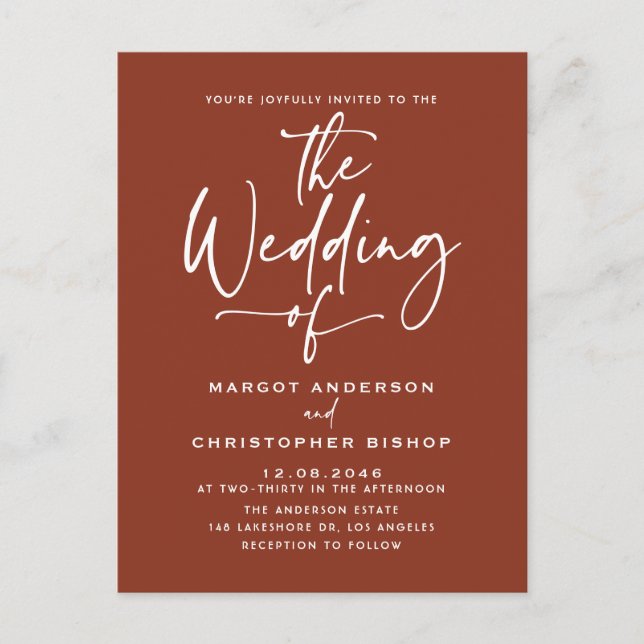 Terracotta Hand Lettered Calligraphy Boho Wedding Invitation Postcard (Front)