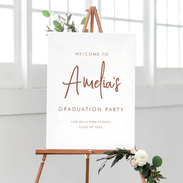 Terracotta Handwritting Graduation Party Welcome Poster (Customizable boho graduation party welcome sign featuring terracotta handwriting. )