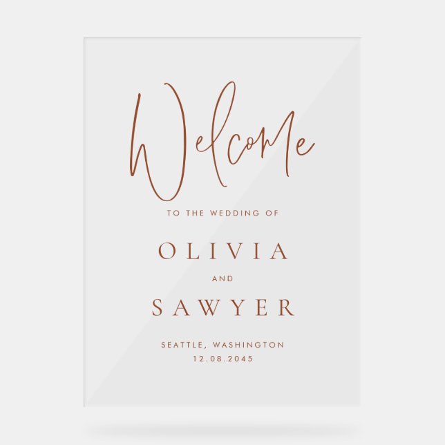Terracotta Handwritting Script Wedding Welcome Acrylic Sign (Front)