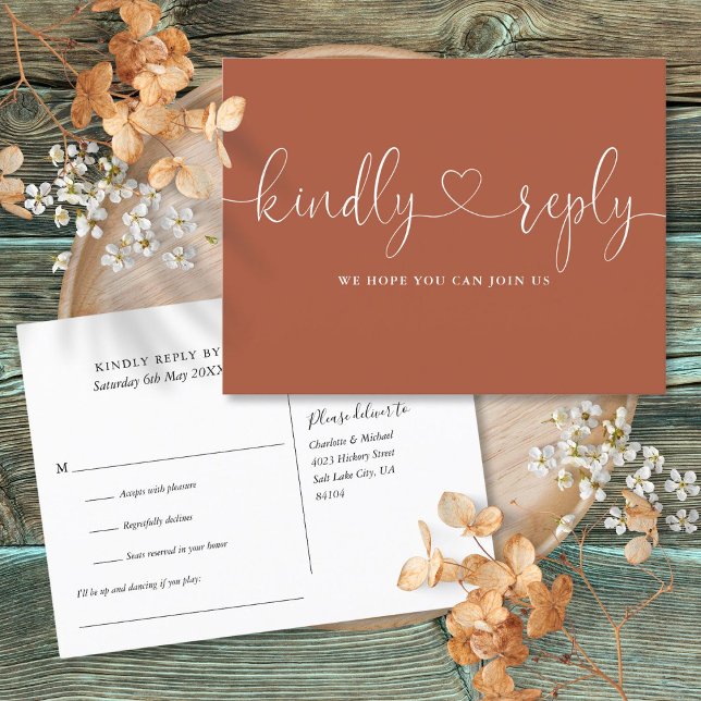 Terracotta Heart Script Song Request RSVP Invitation Postcard (Terracotta Heart Script Song Request RSVP Invitation Postcard)