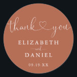 Terracotta Heart Script Thank You Wedding Favour Classic Round Sticker<br><div class="desc">Elegant terracotta heart script thank you sticker personalised with your names and special date. Designed by Thisisnotme©</div>