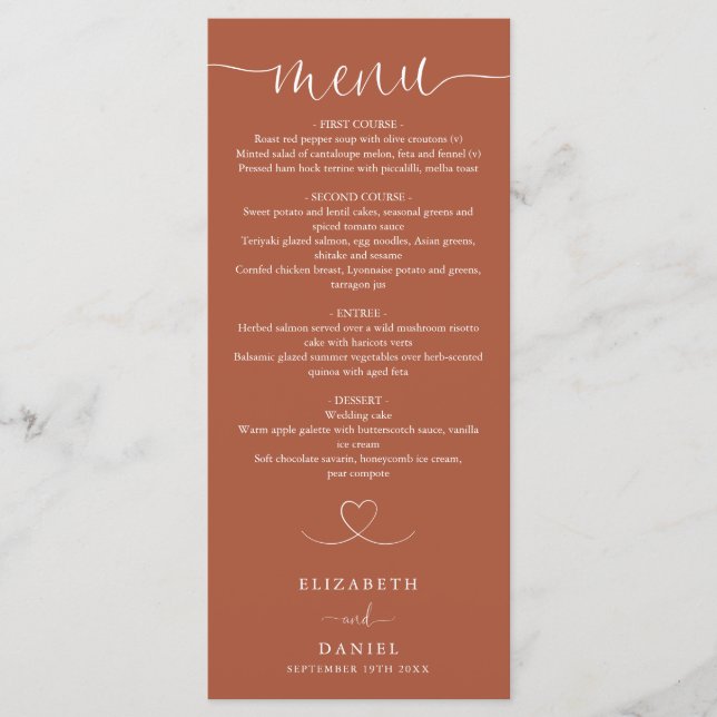 Terracotta Heart Script Wedding Dinner Menu (Front)