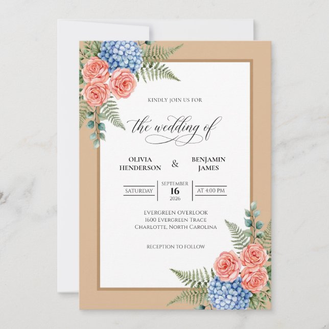 Terracotta Hydrangea Fern Wedding Invitation (Front)