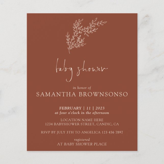 Terracotta Indie Boho Botanical Budget Baby Shower Flyer (Front)