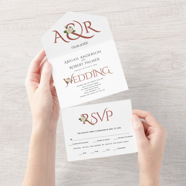 Terracotta initials and ampersand, rose wedding all in one invitation (Tearaway)
