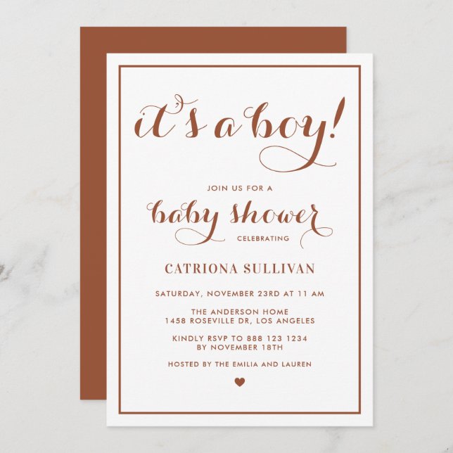 Terracotta It's a Boy Calligraphy Baby Shower Invitation (Front/Back)