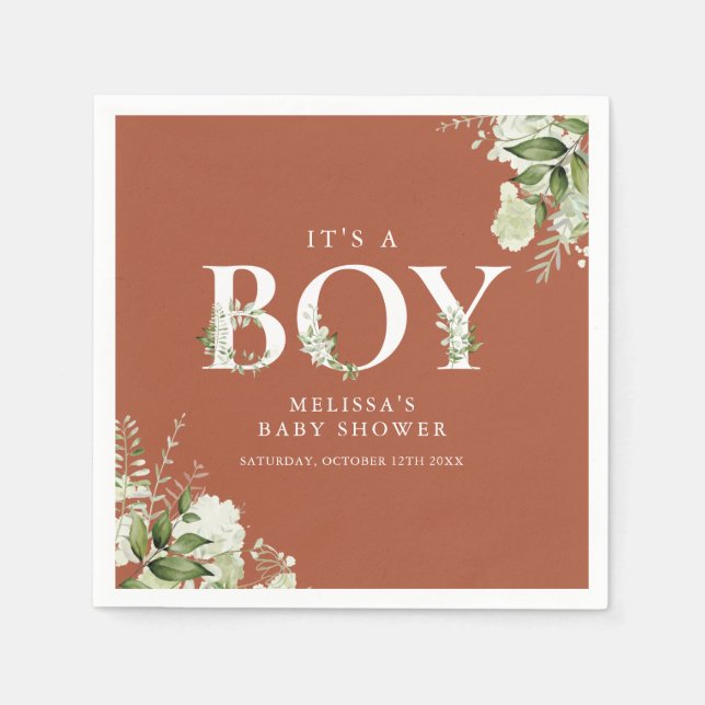 Terracotta Its A Boy Greenery Letter Baby Shower Napkin (Front)