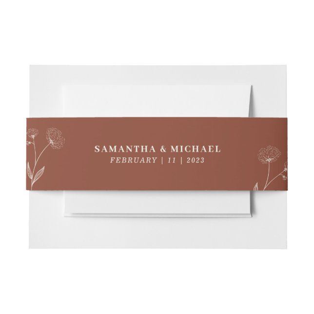 Terracotta Ivory Cotton Flower Monogram Wedding Invitation Belly Band (Front Example)