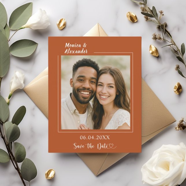 Terracotta ivory photo wedding Save the Date card (Creator Uploaded)
