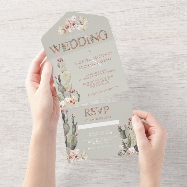 Terracotta & Khaki Cactus Wedding All In One Invitation (Tearaway)