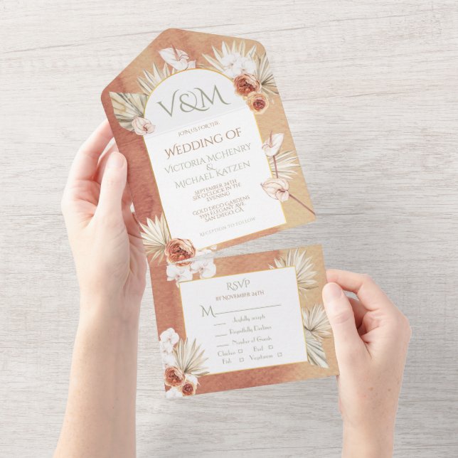 Terracotta & Khaki Palm Leaves Tropical Wedding All In One Invitation (Tearaway)