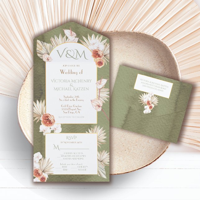 Terracotta & Khaki Palm Leaves Wedding All In One Invitation (Creator Uploaded)