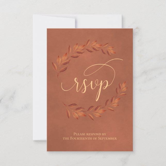 Terracotta Laurel Leaves Rustic Wedding RSVP Card (Front)