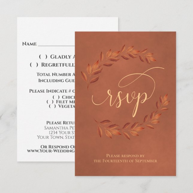 Terracotta Laurel Leaves Rustic Wedding RSVP Card (Front/Back)