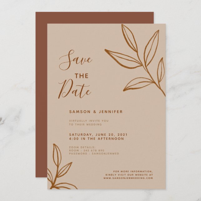 Terracotta Leaf Save the Date Virtual Wedding Invitation (Front/Back)