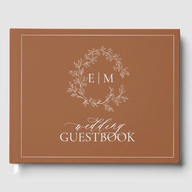 Terracotta Leafy Crest Monogram Wedding Guest Book (Front)