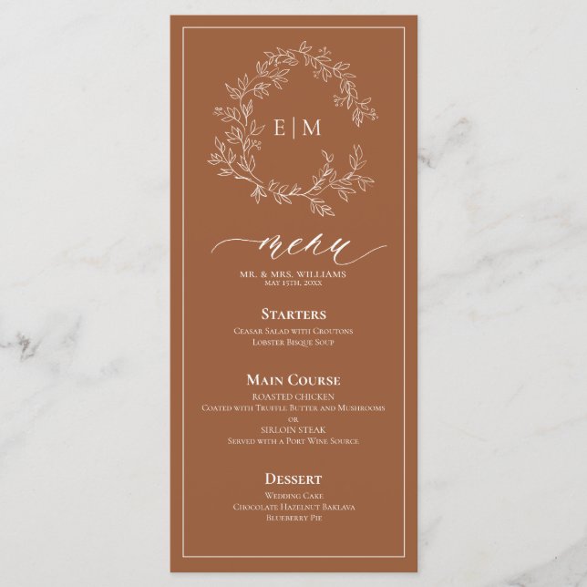 Terracotta Leafy Crest Monogram Wedding Menu (Front)