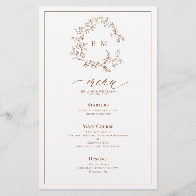 Terracotta Leafy Crest Monogram Wedding Menu (Front)