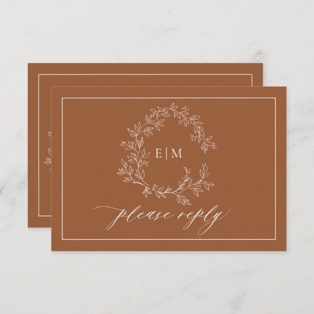Terracotta Leafy Crest Monogram Wedding RSVP (Front/Back)