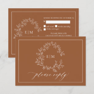 Terracotta Leafy Crest Monogram Wedding RSVP Card