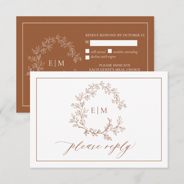 Terracotta Leafy Crest Monogram Wedding RSVP Card (Front/Back)