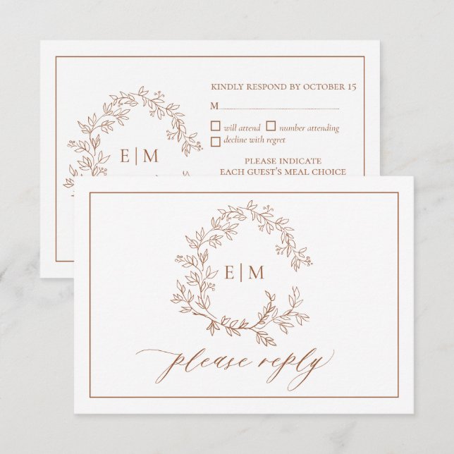 Terracotta Leafy Crest Monogram Wedding RSVP Card (Front/Back)