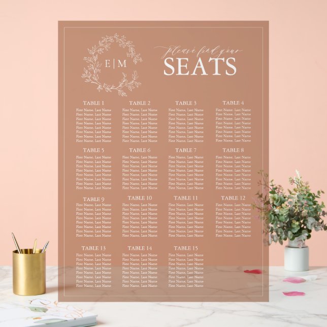 Terracotta Leafy Crest Monogram Wedding Seating Acrylic Sign (Wedding)