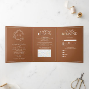 Terracotta Leafy Crest Monogram Wedding Tri-Fold Invitation