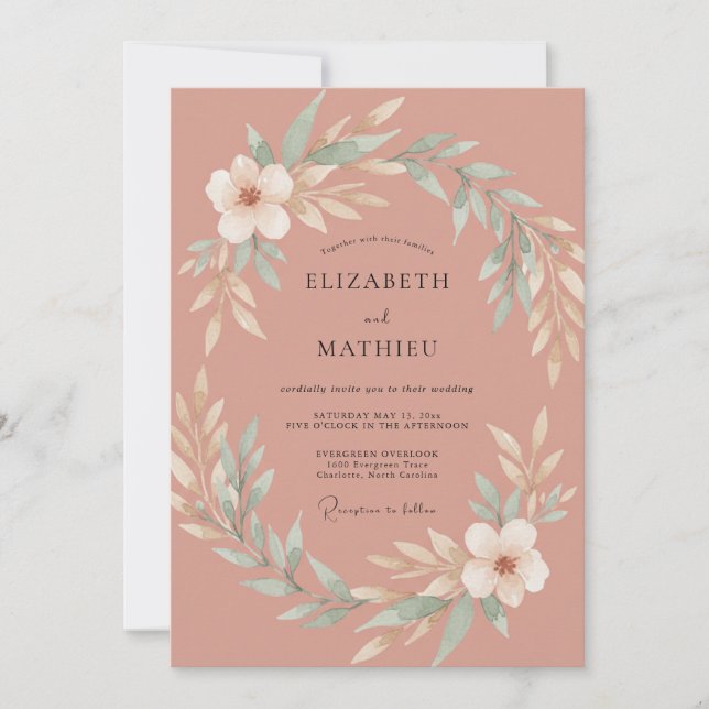 Terracotta Leafy Wreath Wedding Invitation (Front)