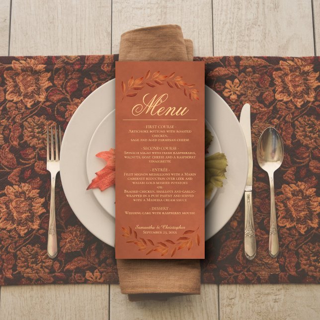 Terracotta Leaves Elegant Rustic Wedding Menu (In Situ on Plate)