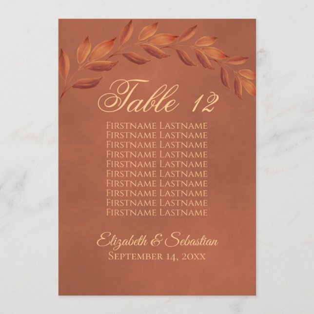 Terracotta Leaves Wedding Table Number with Names (Front)