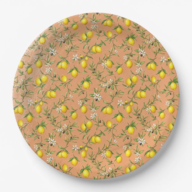 Terracotta Lemon Blossom Pattern Paper Plate (Front)