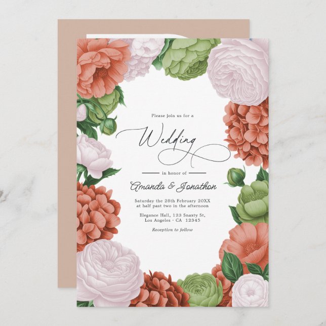 Terracotta Light Peach Olive Green Floral Wedding Invitation (Front/Back)
