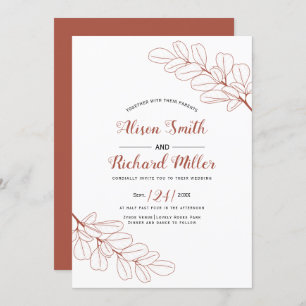 Terracotta line art branch and leaves fall wedding invitation
