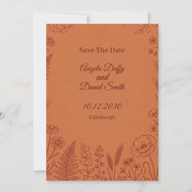 Terracotta Line Art Floral Save the Date Card (Front)