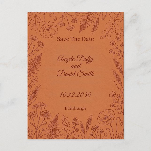 Terracotta Line Art Floral Save the Date Postcard (Front)