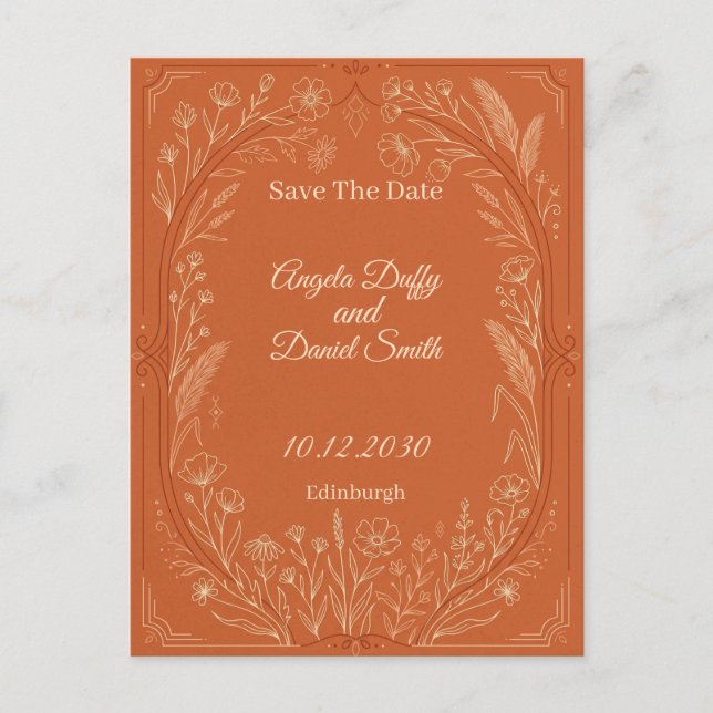Terracotta Line Art Floral Save the Date Postcard (Front)