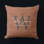 TerraCotta Linen Monogram Wedding Keepsake Cushion<br><div class="desc">Rustic and modern wedding keepsake terracotta woven linen effect pillow with your text in white chic handwritten script calligraphy and your monogram in off-black stylish typography. Simply add your names, monogram and wedding date. Great gift for a newlywed couple. Exclusively designed for you by Happy Dolphin Studio. If you need...</div>