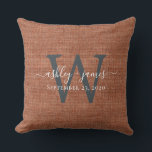 TerraCotta Linen Monogram Wedding Keepsake Cushion<br><div class="desc">Rustic and modern wedding keepsake terracotta woven linen effect pillow with your text in white chic handwritten script calligraphy and your monogram in off-black stylish typography. Simply add your names, monogram and wedding date. Great gift for a newlywed couple. Exclusively designed for you by Happy Dolphin Studio. If you need...</div>
