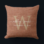 TerraCotta Linen Monogram Wedding Keepsake  Cushion<br><div class="desc">Rustic and modern wedding keepsake terracotta woven linen effect pillow with your text in white chic handwritten script calligraphy and your monogram in gold stylish typography. Simply add your names, monogram and wedding date. Great gift for a newlywed couple. Exclusively designed for you by Happy Dolphin Studio. If you need...</div>