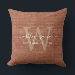 TerraCotta Linen Monogram Wedding Keepsake  Cushion<br><div class="desc">Rustic and modern wedding keepsake terracotta woven linen effect pillow with your text in white chic handwritten script calligraphy and your monogram in gold stylish typography. Simply add your names, monogram and wedding date. Great gift for a newlywed couple. Exclusively designed for you by Happy Dolphin Studio. If you need...</div>