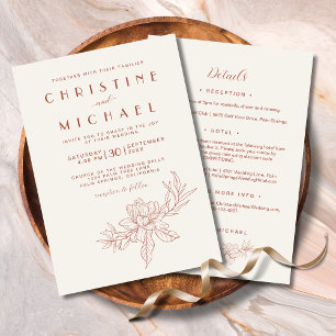 Terracotta Magnolia Elegant All-In-One Wedding Invitation